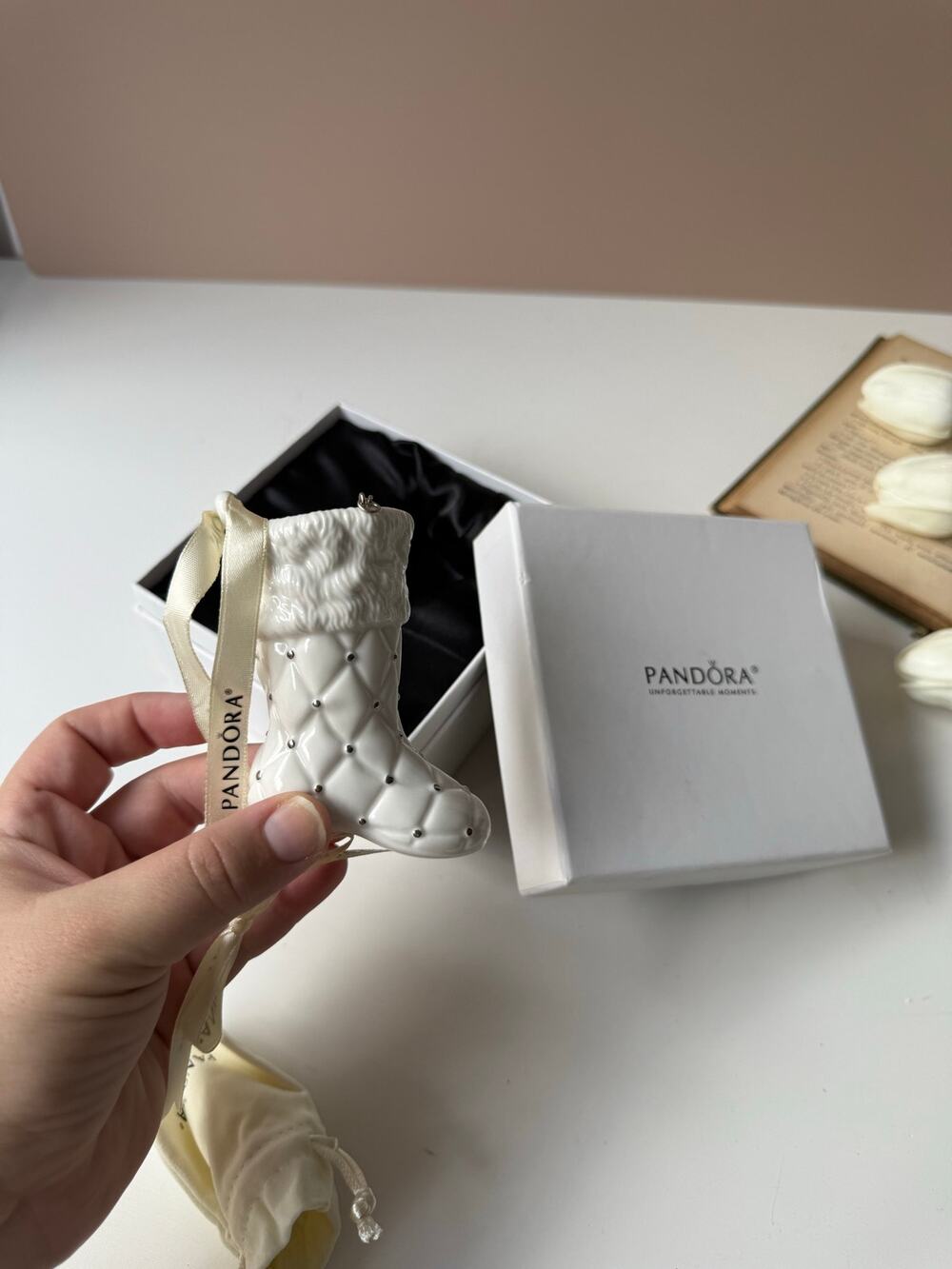 Pandora White Porcelain Stocking Christmas Ornament Collectible Holiday 2012
